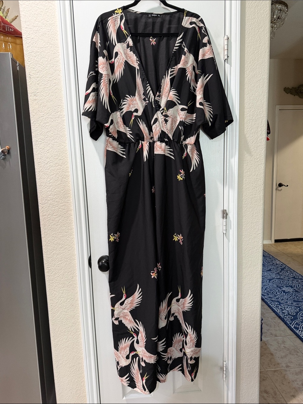 SHEIN Black Maxi Jumpsuit with Pink Crane Print